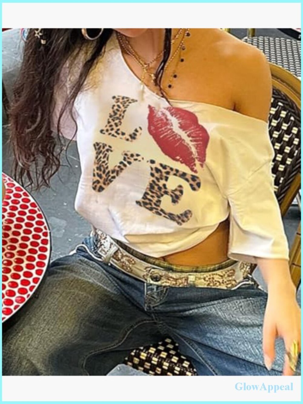 Oversized Off Shoulder Graphic Tee Y2K Lips Print Baggy T-Shirt - Picture 3 of 7